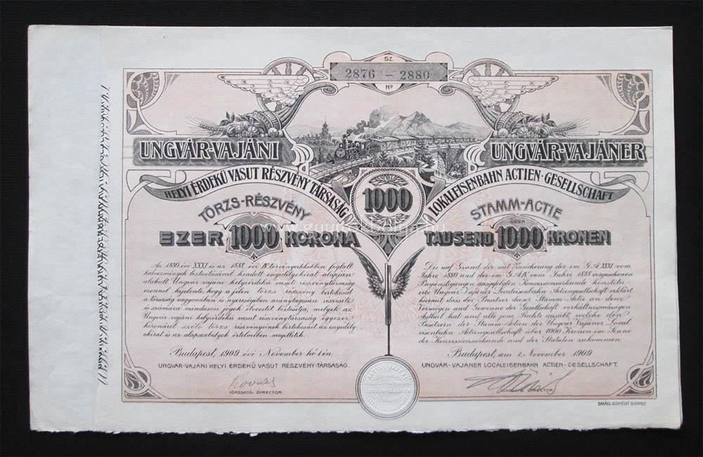 Ungvár-Vajáni H.É. Vasút részvény 1000 korona 1909 (UKR-SVK)